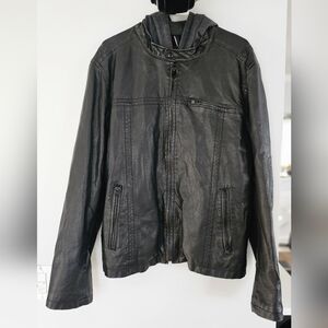 Levi’s faux black leather jacket with gray hood size Large